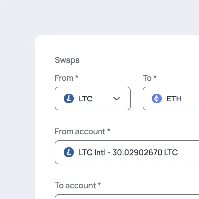 Cryptocurrency swap form converting LTC to ETH using 'LTC Intl' account with 30.02902670 LTC balance.