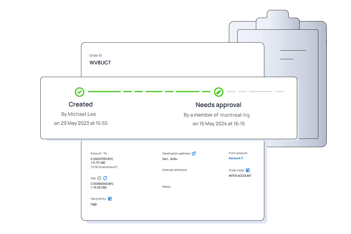 nterface showing transaction approval workflow with timestamps, order details, and compliance-relevant audit trail information.