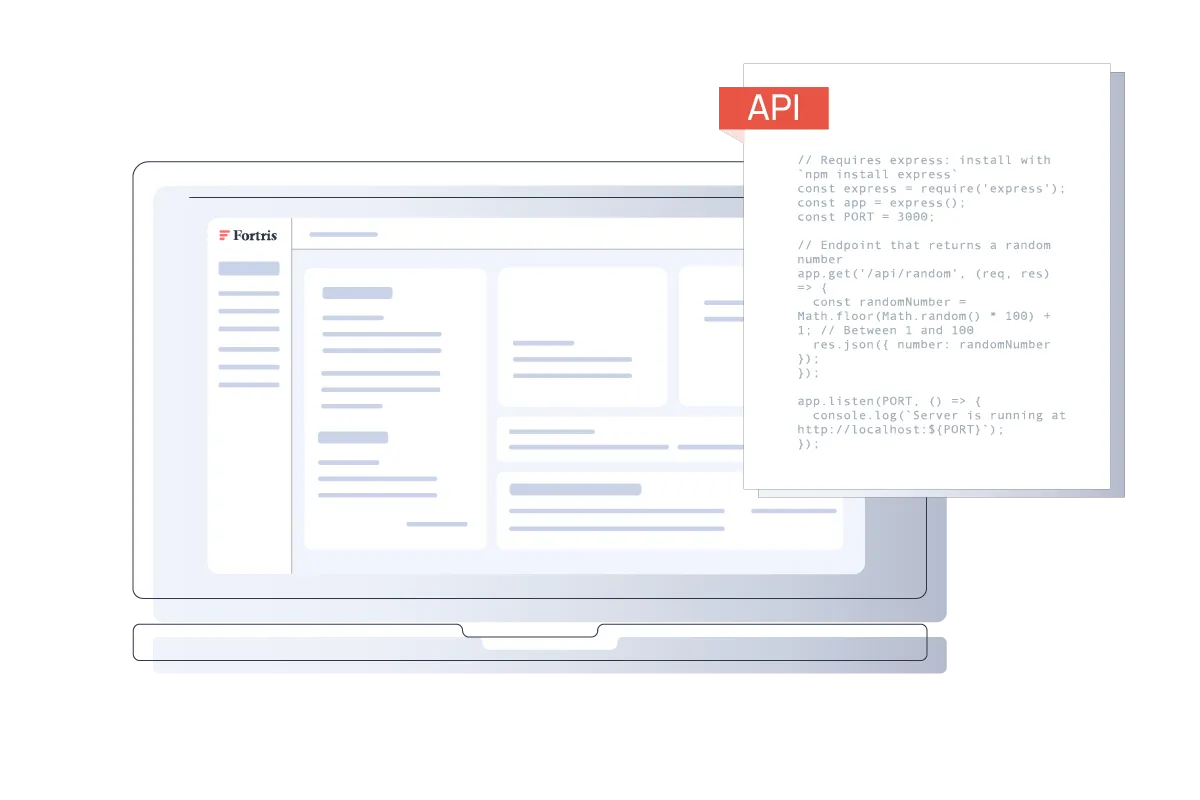 Illustration of a laptop displaying a dashboard interface with an overlay of API documentation code, symbolizing platform infrastructure and developer integration.