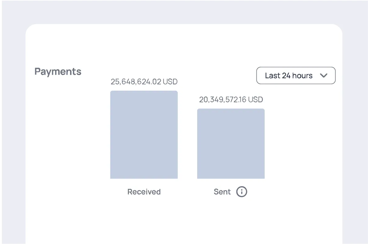 Bar chart showing payments received and sent in the last 24 hours, with received payments totaling 25.65M USD and sent payments totaling 20.35M USD.