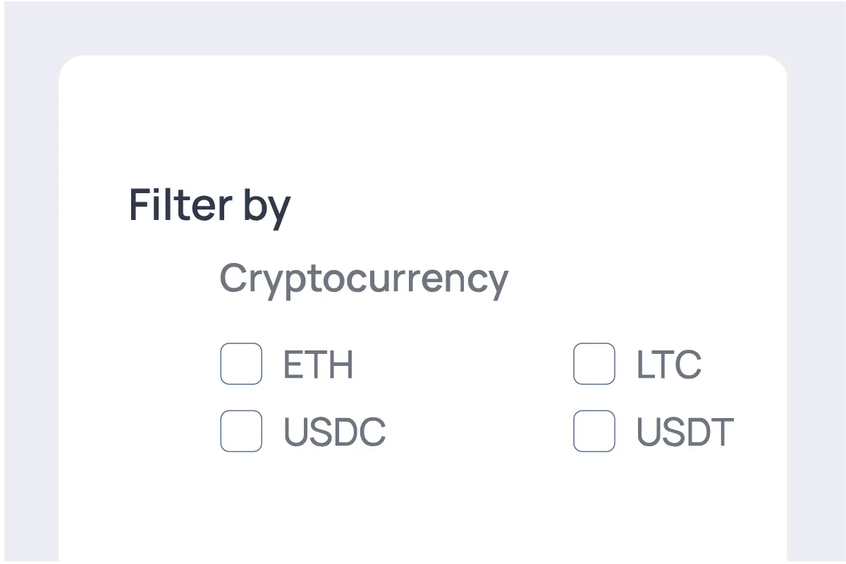 Panel de filtrado con casillas de selección para elegir tipos de criptomonedas: ETH, USDC, LTC y USDT.