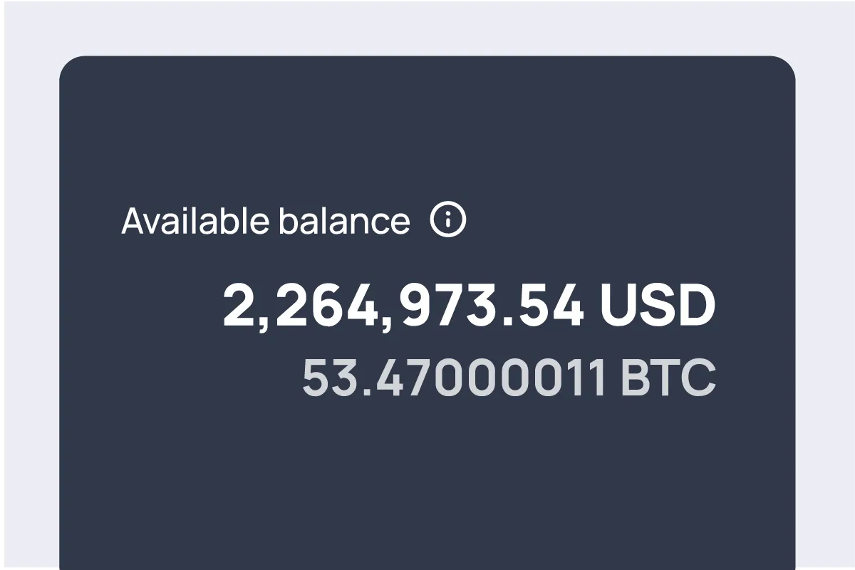 Available balance display showing 2,264,973.54 USD, equivalent to 53.47000011 BTC, highlighted on a dark background panel.