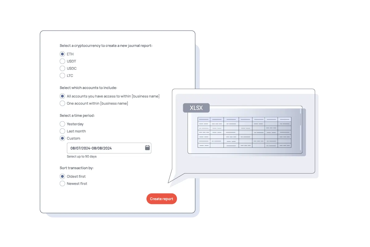 Interface for generating a crypto journal report with filters by currency, accounts, date range, and export to XLSX format.