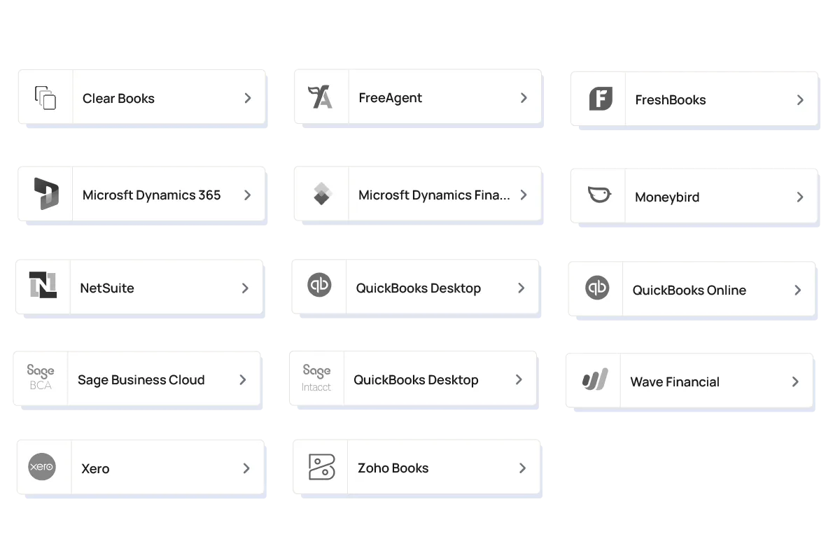 Grid of ERP and accounting software logos including QuickBooks, Xero, Zoho Books, NetSuite, and Microsoft Dynamics.