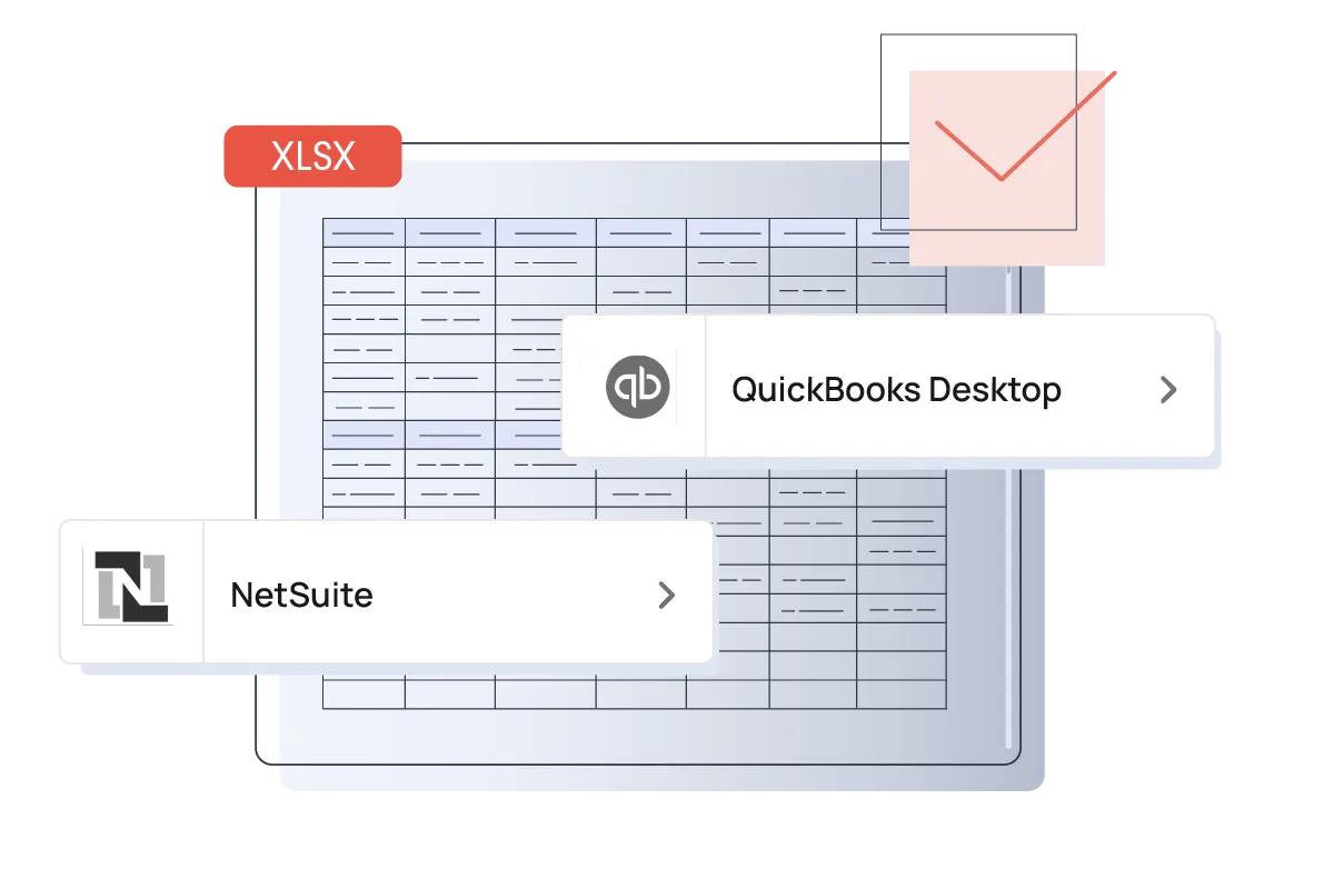 Spreadsheet export labeled XLSX with QuickBooks and NetSuite integration icons, symbolizing ERP-ready financial reporting.