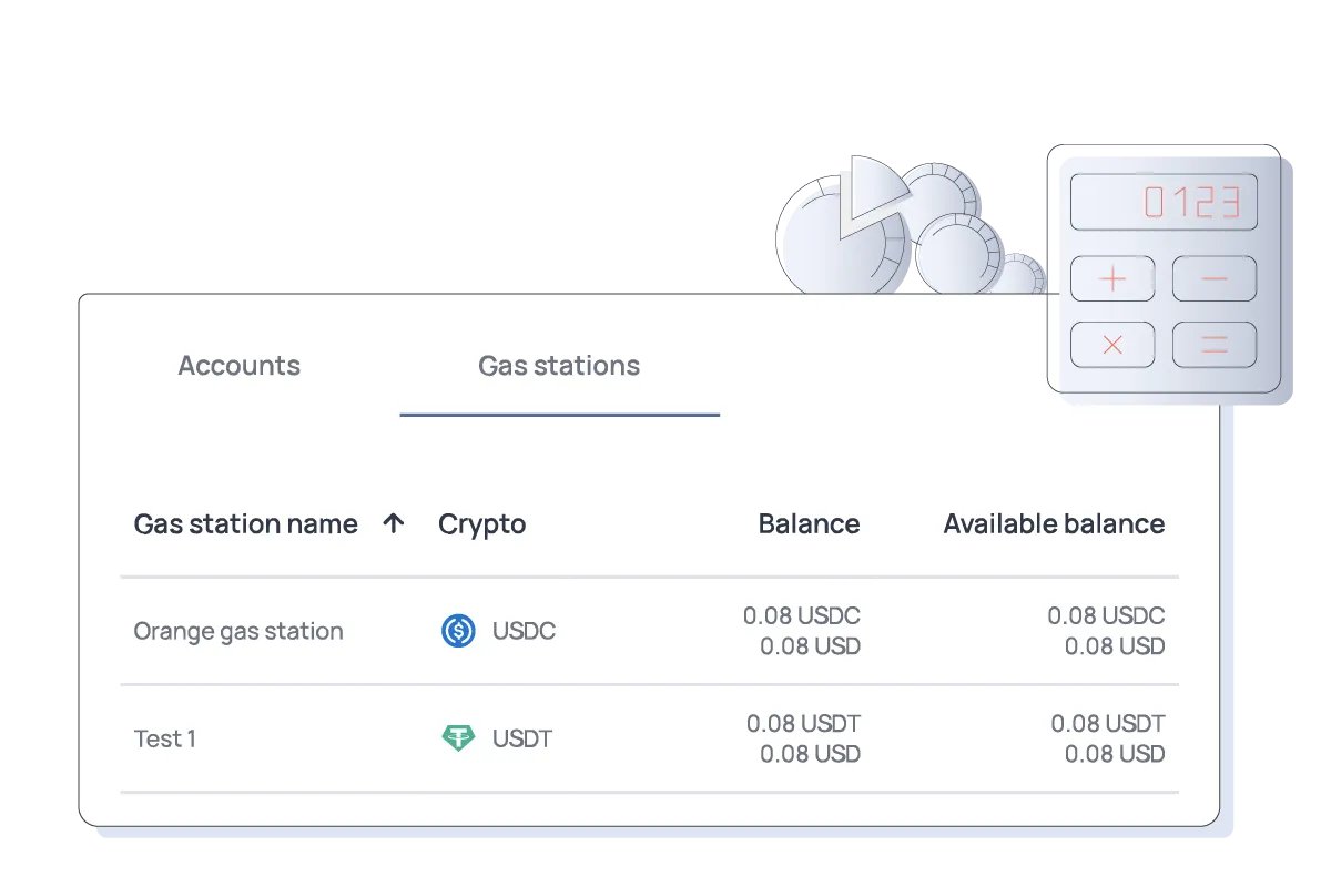 A crypto gas station balance table is shown with tokens, balances, and a calculator and coins icon.
