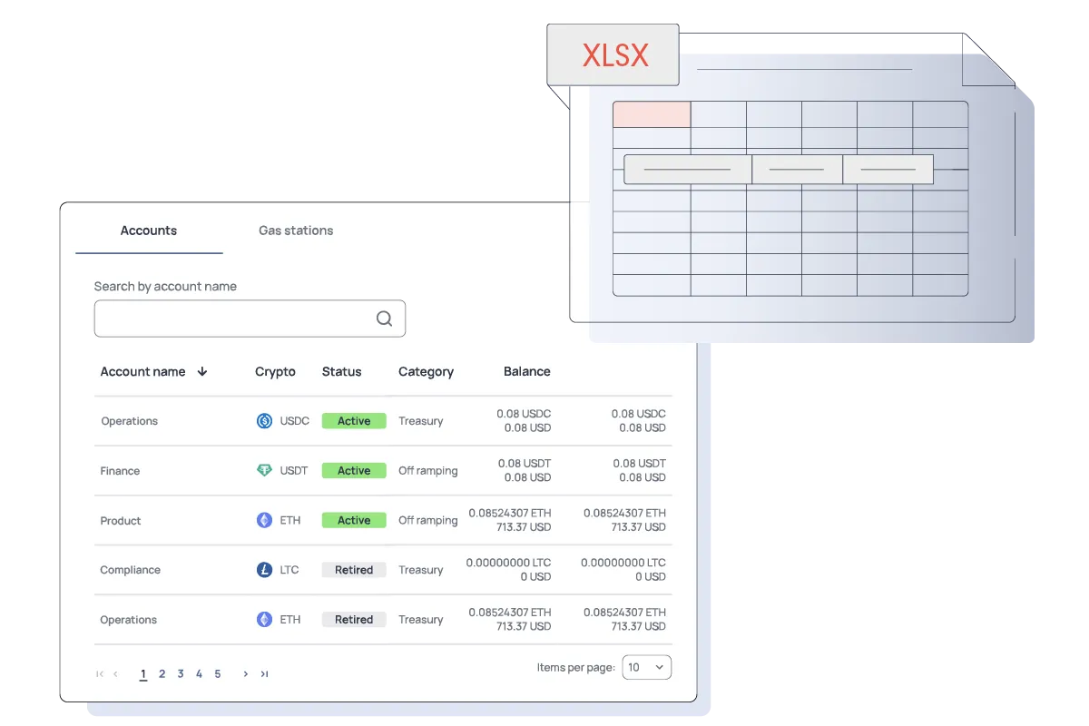 A crypto account dashboard displays balances, statuses, and categories, with an XLSX icon symbolizing export to Excel.