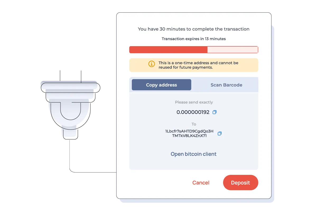 A crypto deposit screen shows a countdown, one-time address warning, and buttons to copy or scan the address.