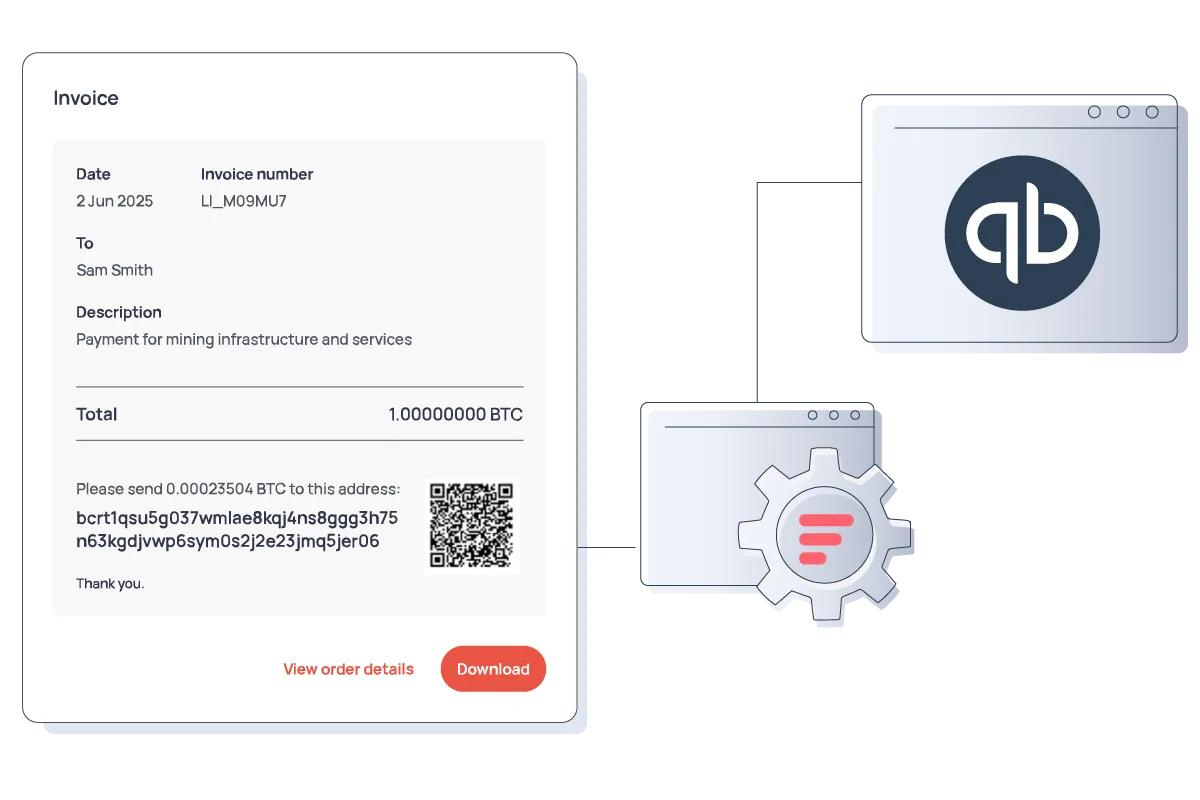 Invoice with BTC payment details and QR code, integrated with accounting and automation tools.
