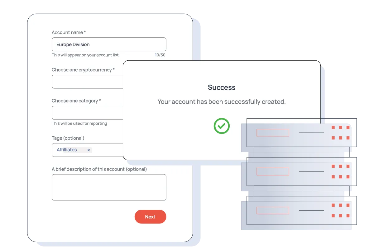 A form to create a crypto account is shown, followed by a success message and server icons.