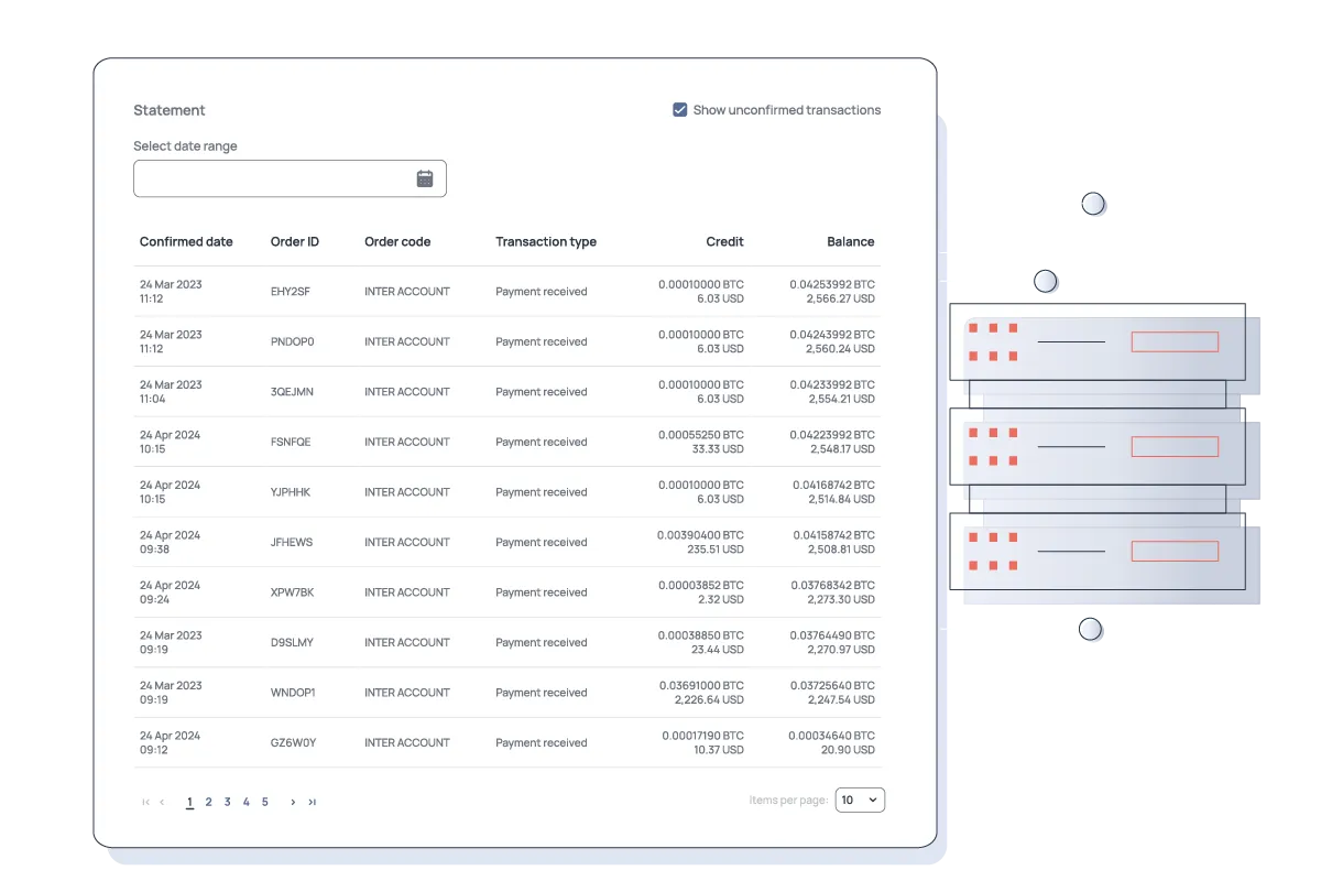 Transaction list showing confirmed/unconfirmed transfers with details; server stack in background suggests backend infrastructure.