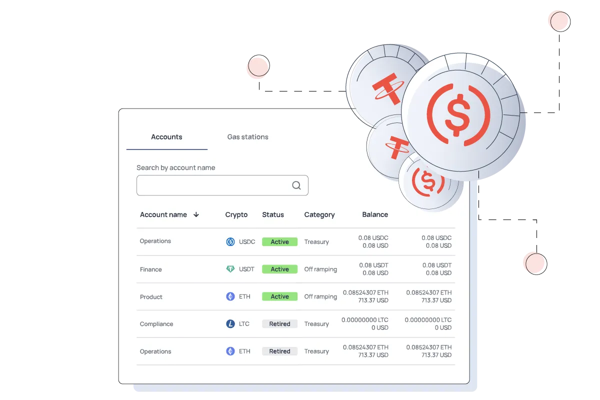 Crypto account dashboard with status, balances, and categories, alongside illustrated digital coins.