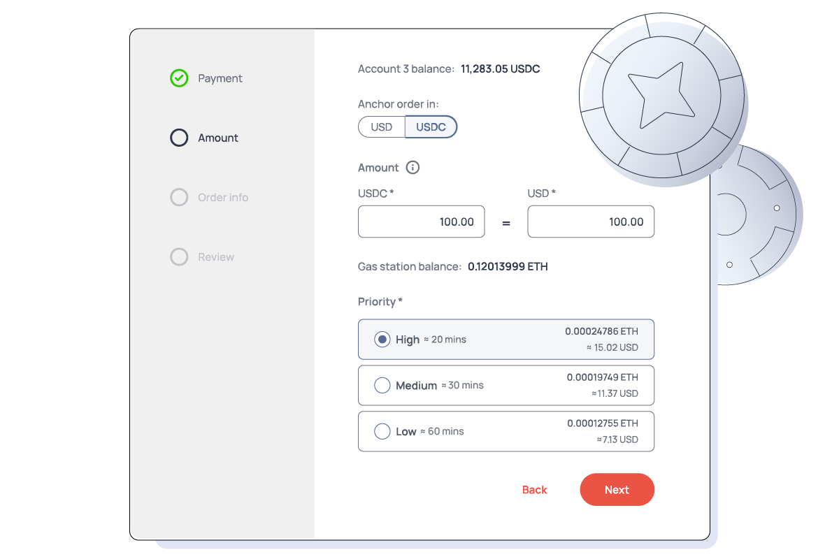 Crypto payment flow with USDC/USD input, balance, ETH gas fee options, and gaming chip visuals suggesting entertainment use.