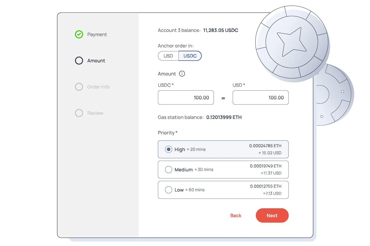 Crypto payment flow with USDC/USD input, balance, ETH gas fee options, and gaming chip visuals suggesting entertainment use.