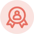 Expertise icon: A user profile symbol inside a badge with ribbons, representing certified knowledge, skills, or professional recognition.
