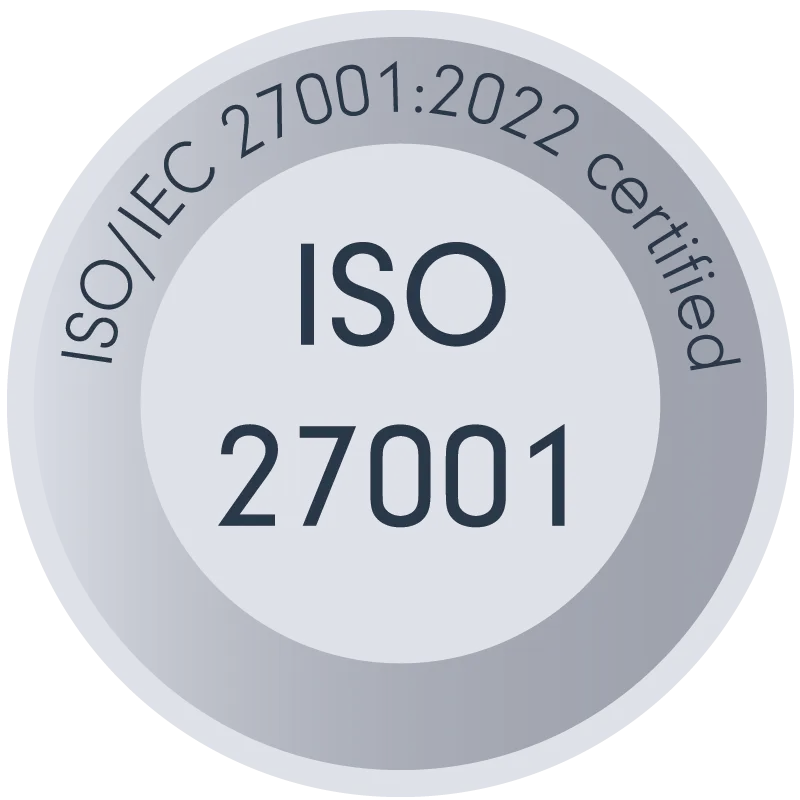 ISO/IEC 27001:2022 certification badge, demonstrating compliance with international standards for information security management systems (ISMS).