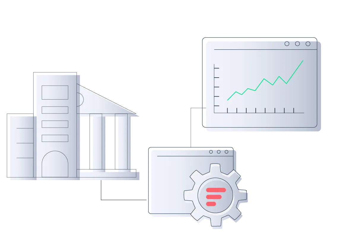 An institutional building links to a gear and browser window displaying a rising graph, symbolizing financial growth through digital tools.