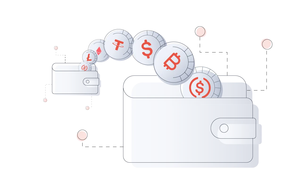 Illustration of digital coins moving between two wallets, representing crypto transfers or wallet synchronization.