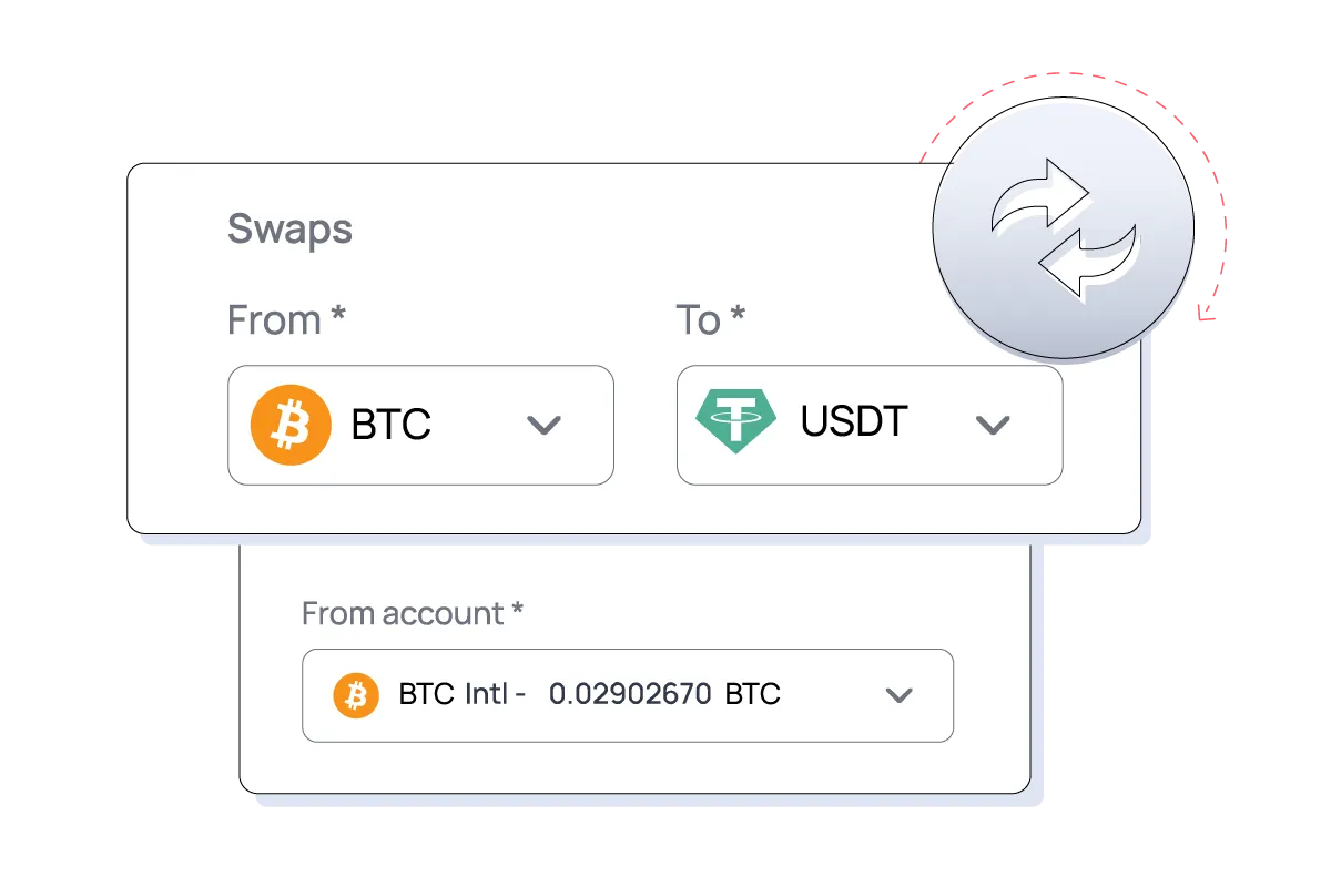 Crypto swap interface showing conversion from BTC to USDT with selected account and balance.