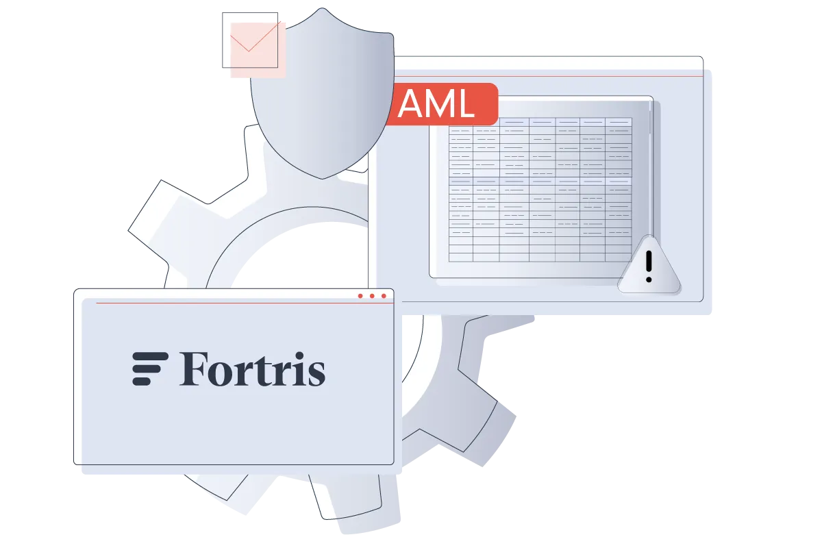 Illustration representing integrated AML checks in a financial system, featuring shield, gear, spreadsheet, and alert icon.