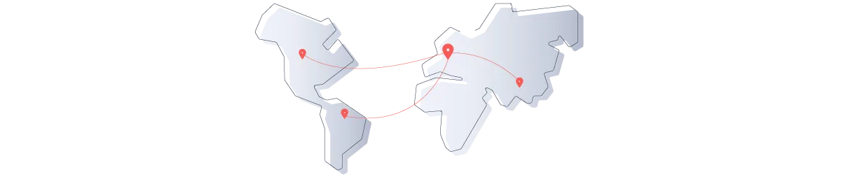A stylized world map with red location pins and curved lines, symbolizing global connectivity or remote collaboration.