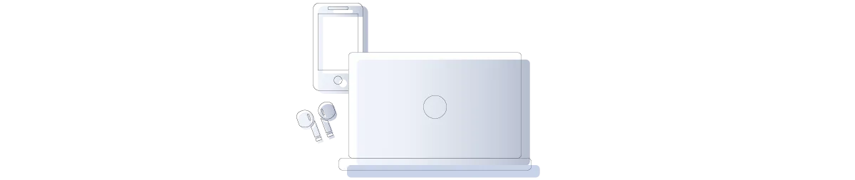 A laptop, smartphone, and wireless earbuds are shown, symbolizing modern digital tools for productivity and remote work.