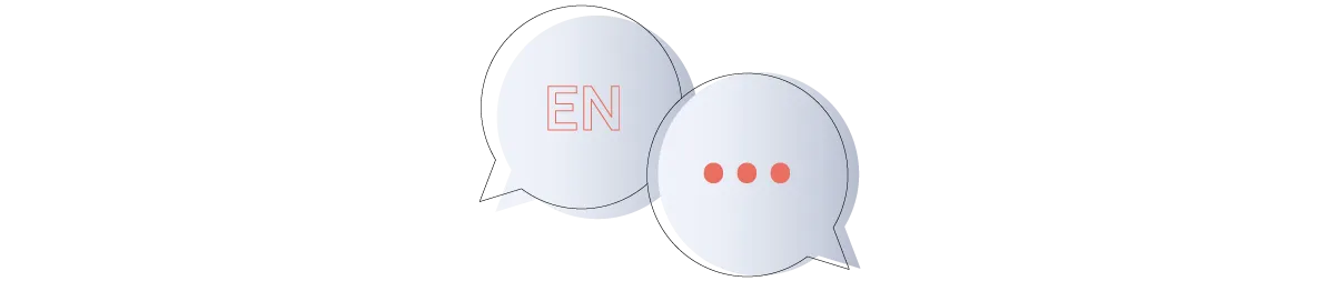 Two speech bubbles, one with "EN" and the other with three red dots, symbolizing communication or language exchange.