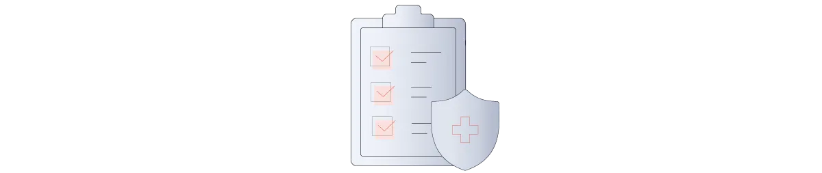A clipboard with a checklist and a shield featuring a medical cross, symbolizing health, safety, or medical compliance.
