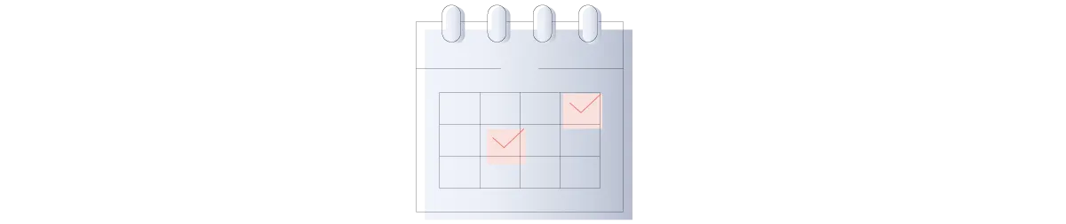 A stylized calendar with checkmarks on two highlighted dates, representing completed tasks, plans, or scheduled breaks.