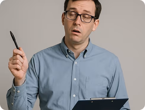 Bored trainer reading from a clipboard