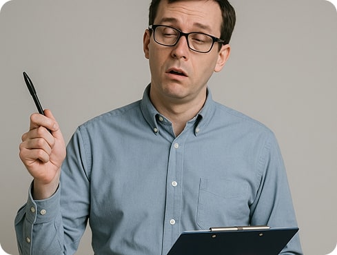 Bored trainer reading from a clipboard