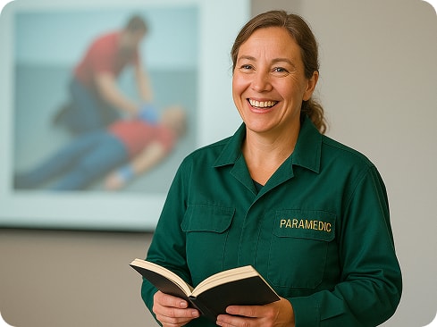 Smiling paramedic delivering training
