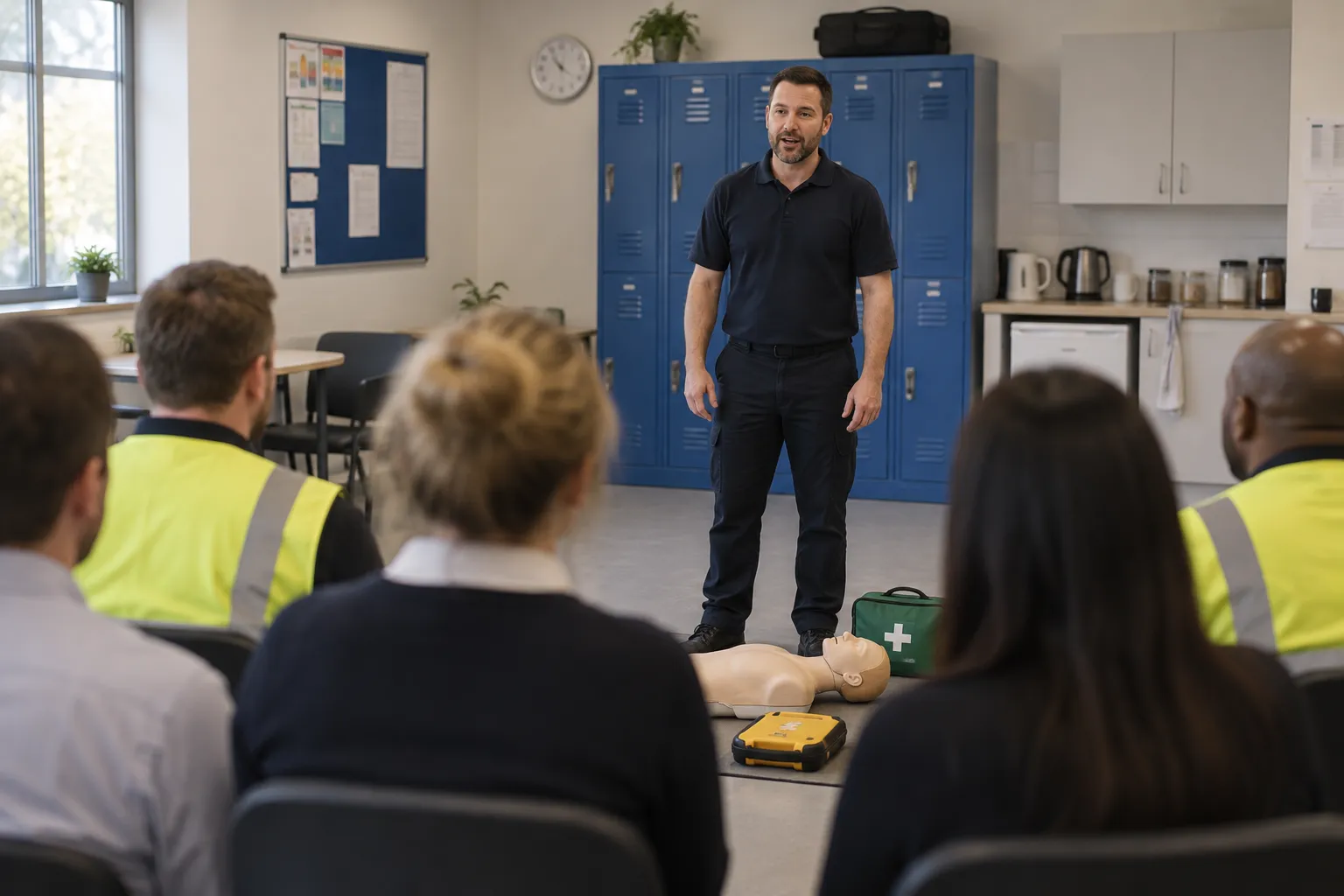 A trainer talks to a workplace team in their staff room, with a CPR manikin, AED trainer and first aid kit on the floor in front of him