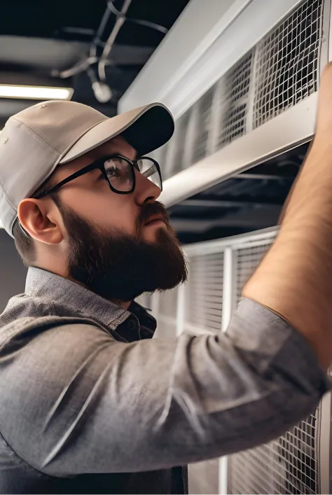 Technician in cap and glasses inspecting industrial ventilation system