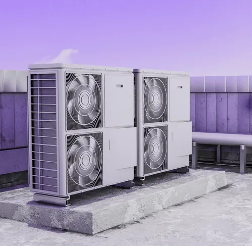 Two industrial air conditioning units on concrete platform against purple background