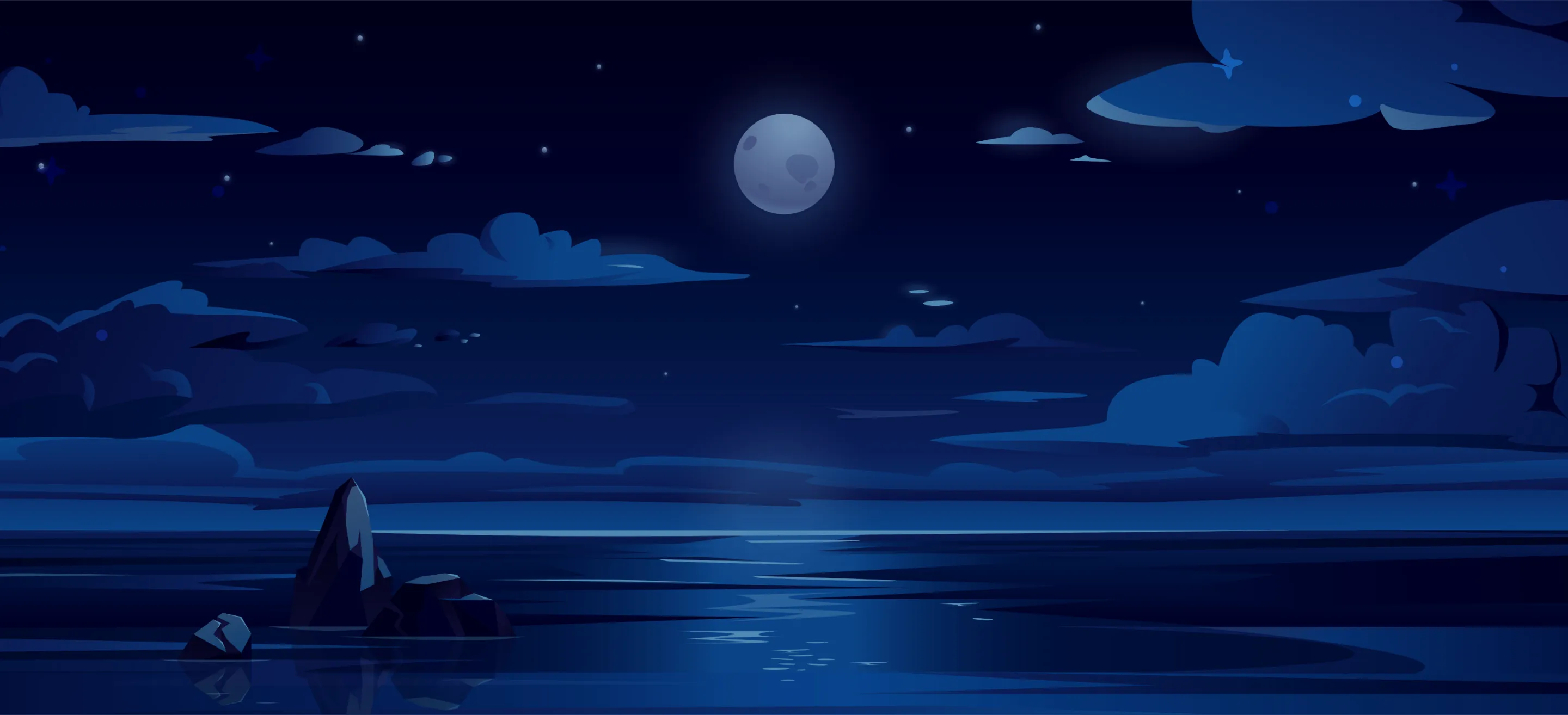 Tranquil night seascape with full moon, rocky shore, and starry sky