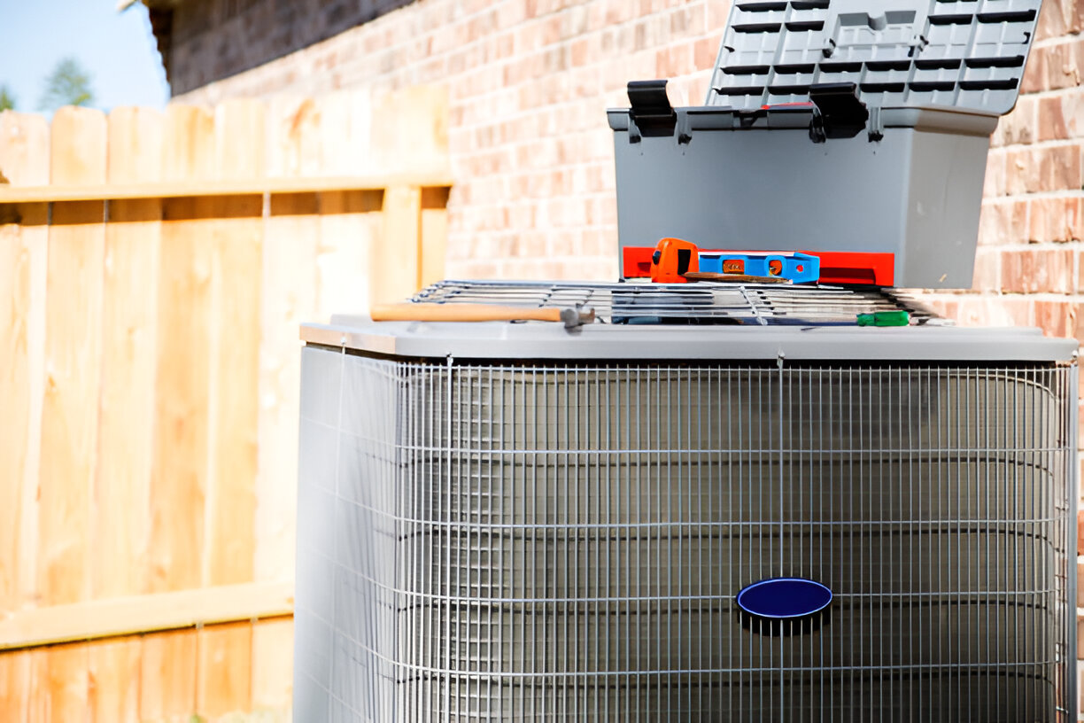 Air conditioning unit outside home with tools on wooden fence background