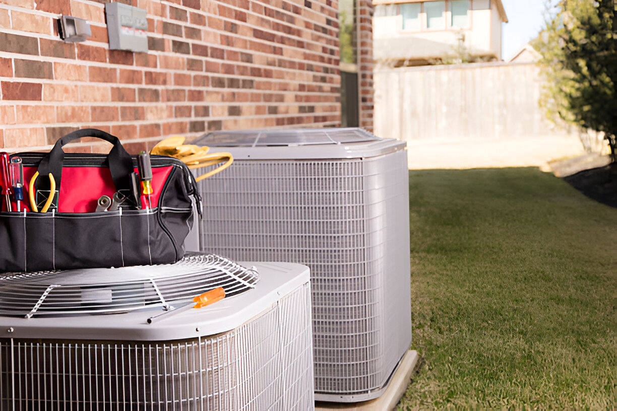 HVAC technician's tool bag next to air conditioning units outdoors