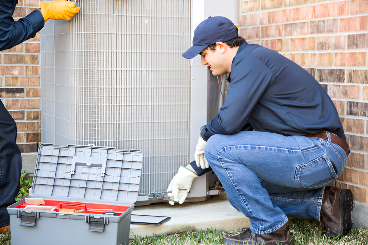 HVAC technician repairing air conditioning unit outside brick building