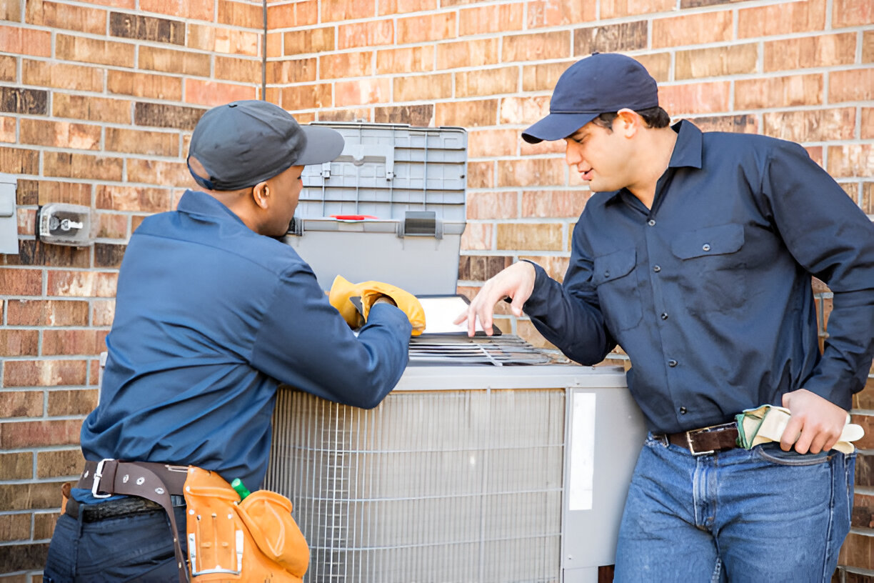 Two technicians discussing work near an HVAC unit on brick wall