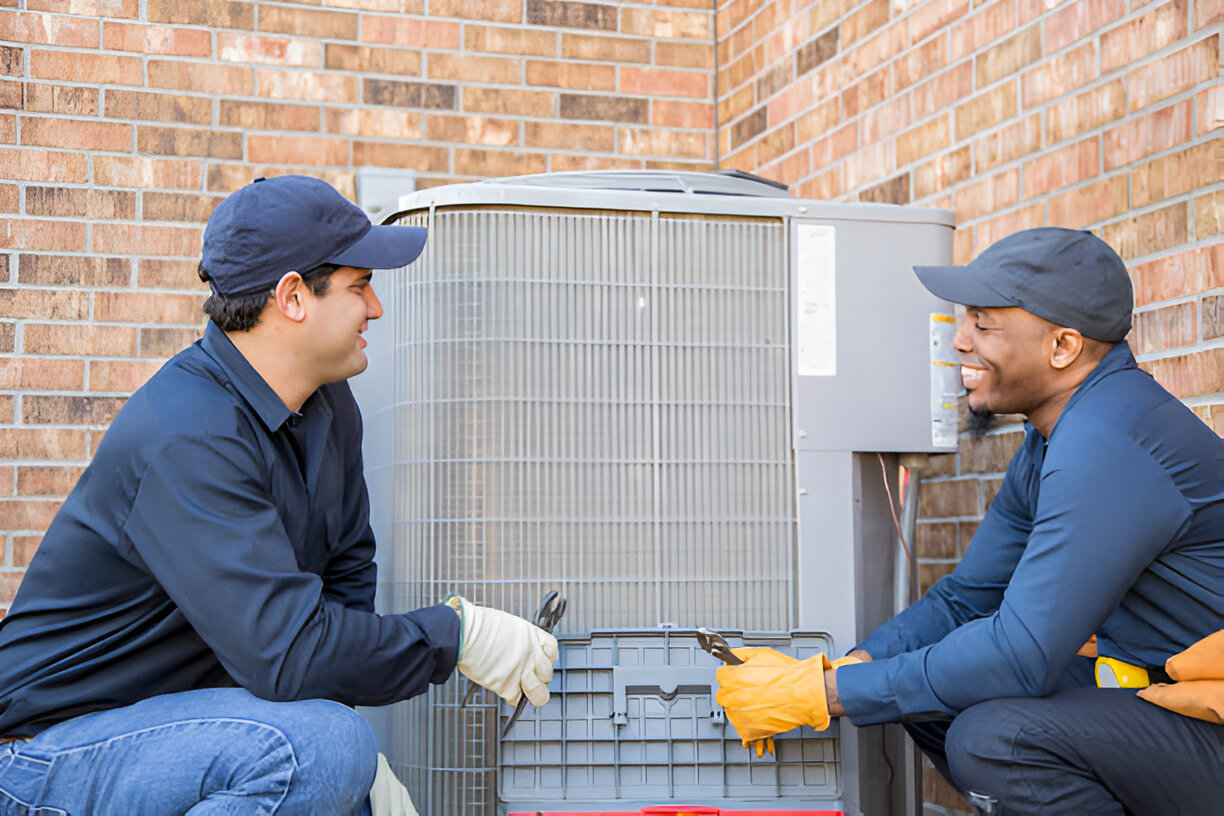 Two HVAC technicians working together on an outdoor air conditioning unit