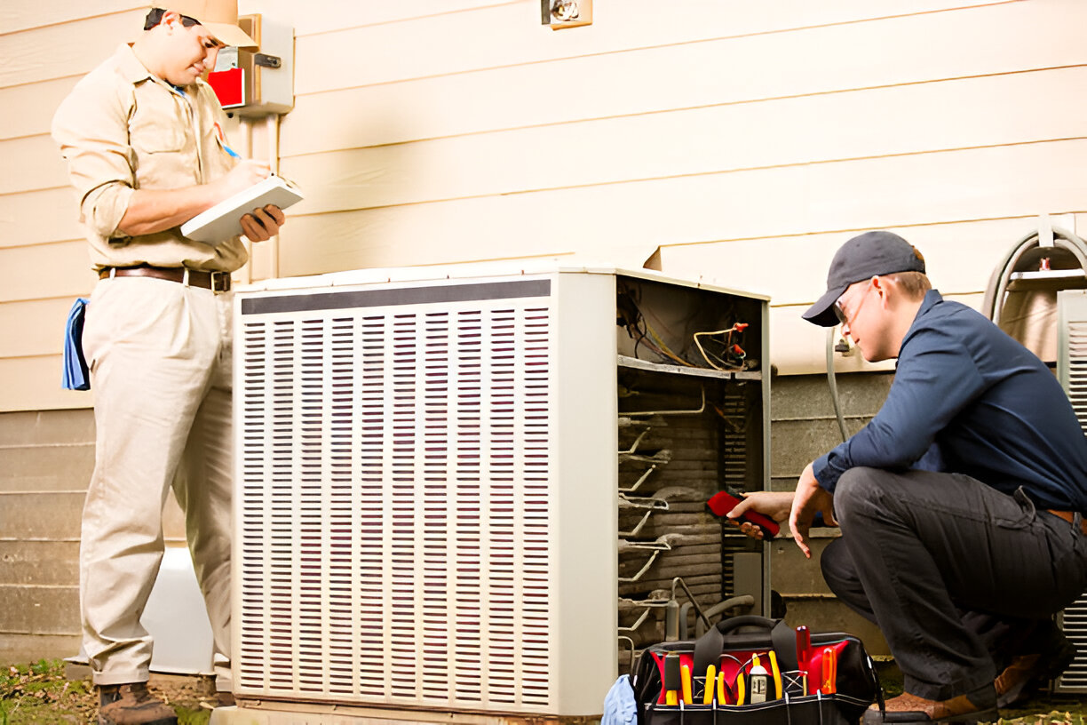 Two technicians inspect and repair an air conditioning unit outside