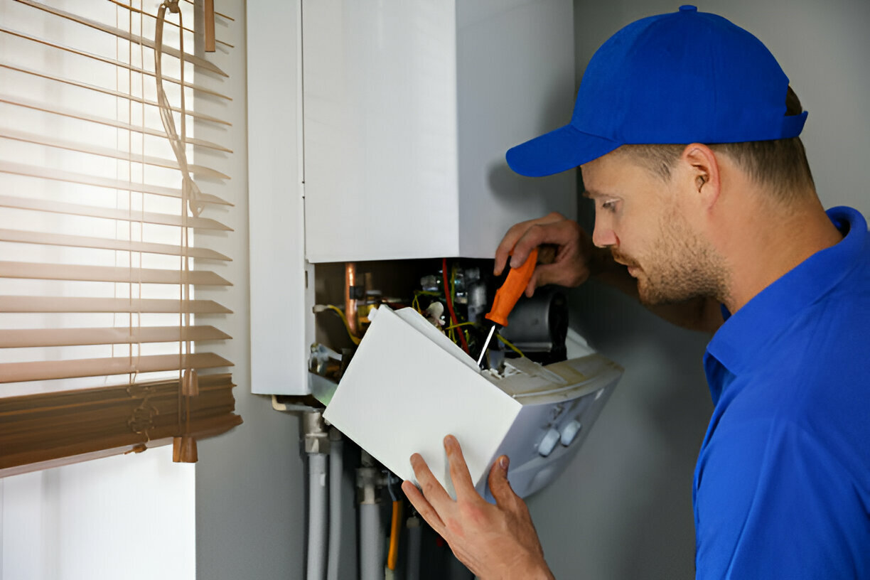 Technician in blue cap repairing electrical panel with screwdriver