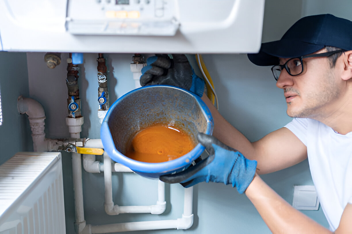 Technician checking heating system, holding blue bucket with orange liquid