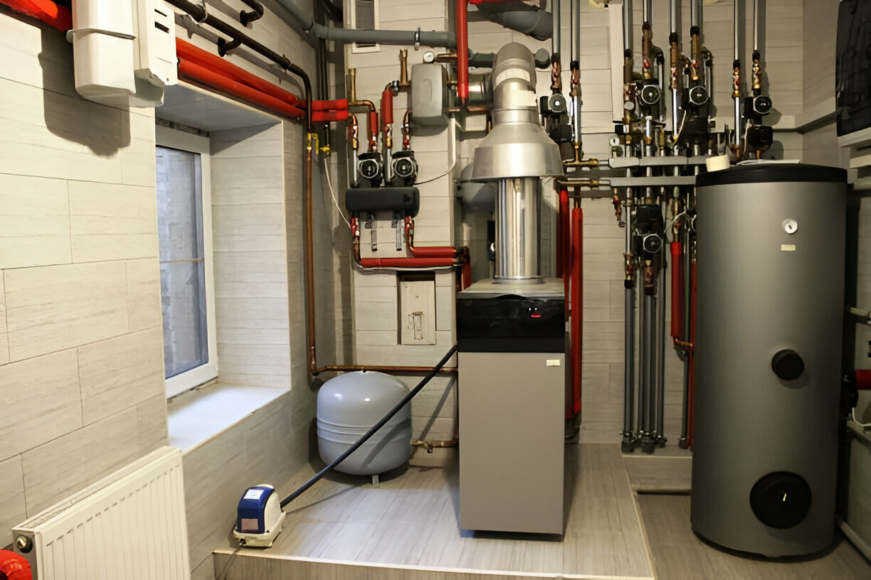 Modern heating system with boiler, pipes, and water tanks in utility room