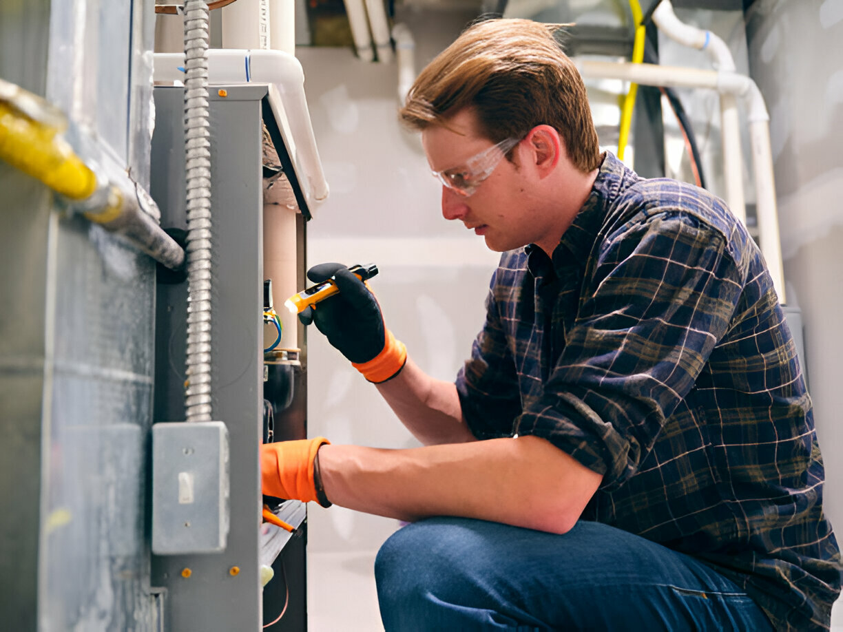 Technician in safety glasses and gloves working on industrial electrical equipment