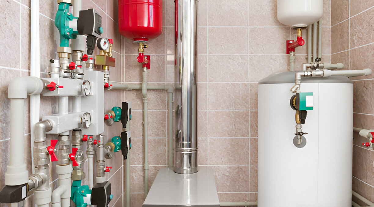 Boiler room with complex network of pipes, valves, and white water heater