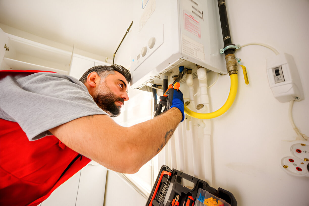 Technician in red vest repairing boiler with tools and yellow gas pipe