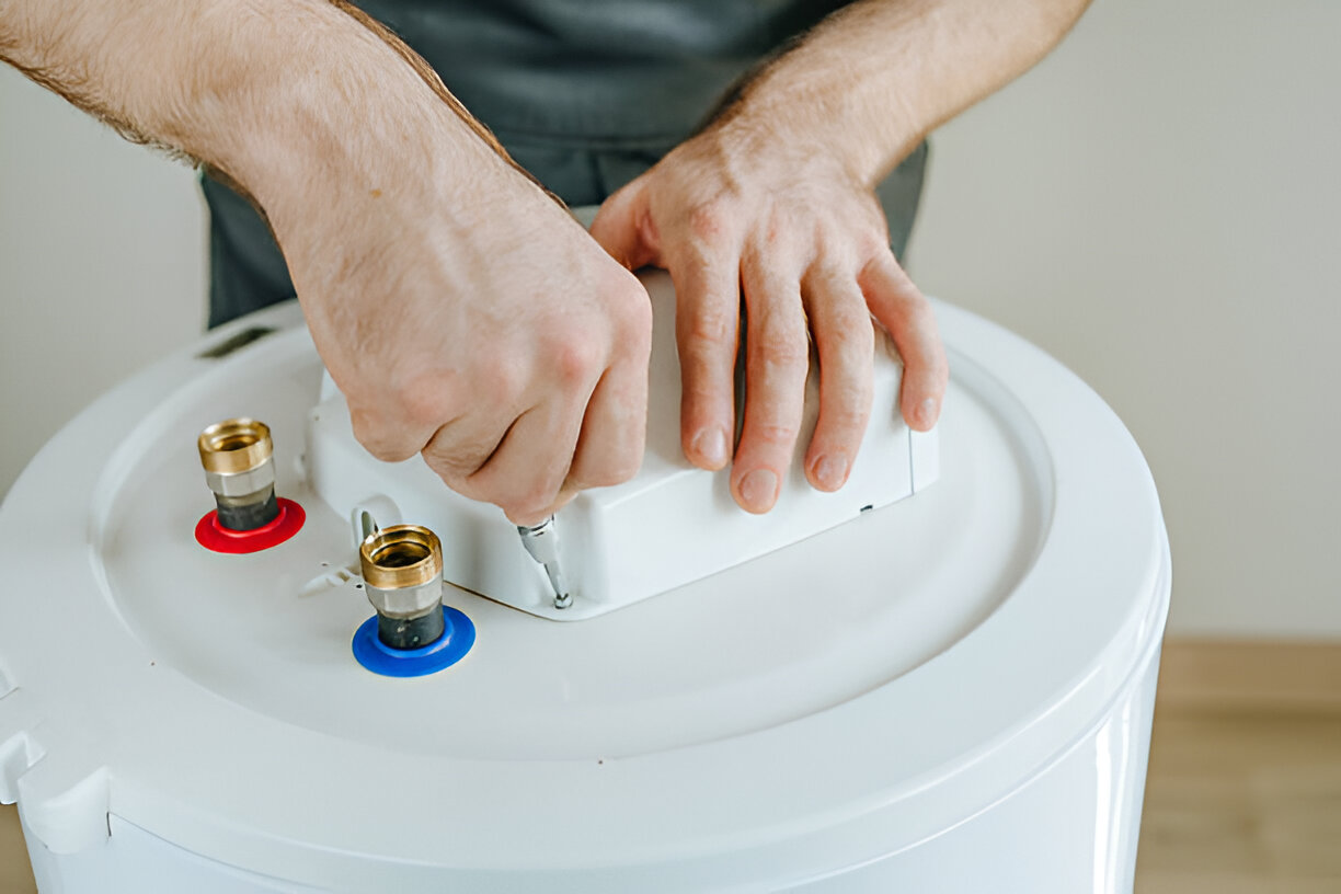 Hands adjusting water heater connections with red and blue valves