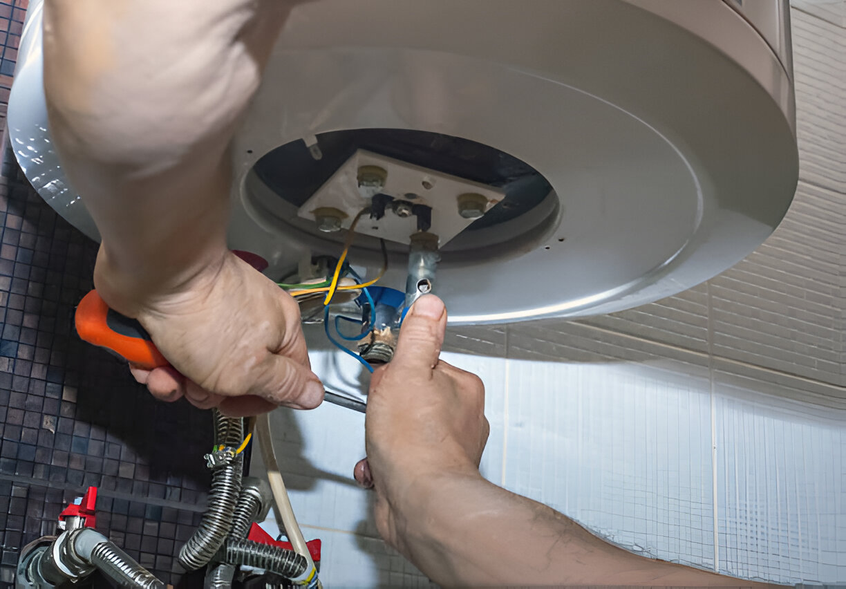 Technician repairing electrical connections inside a white water heater